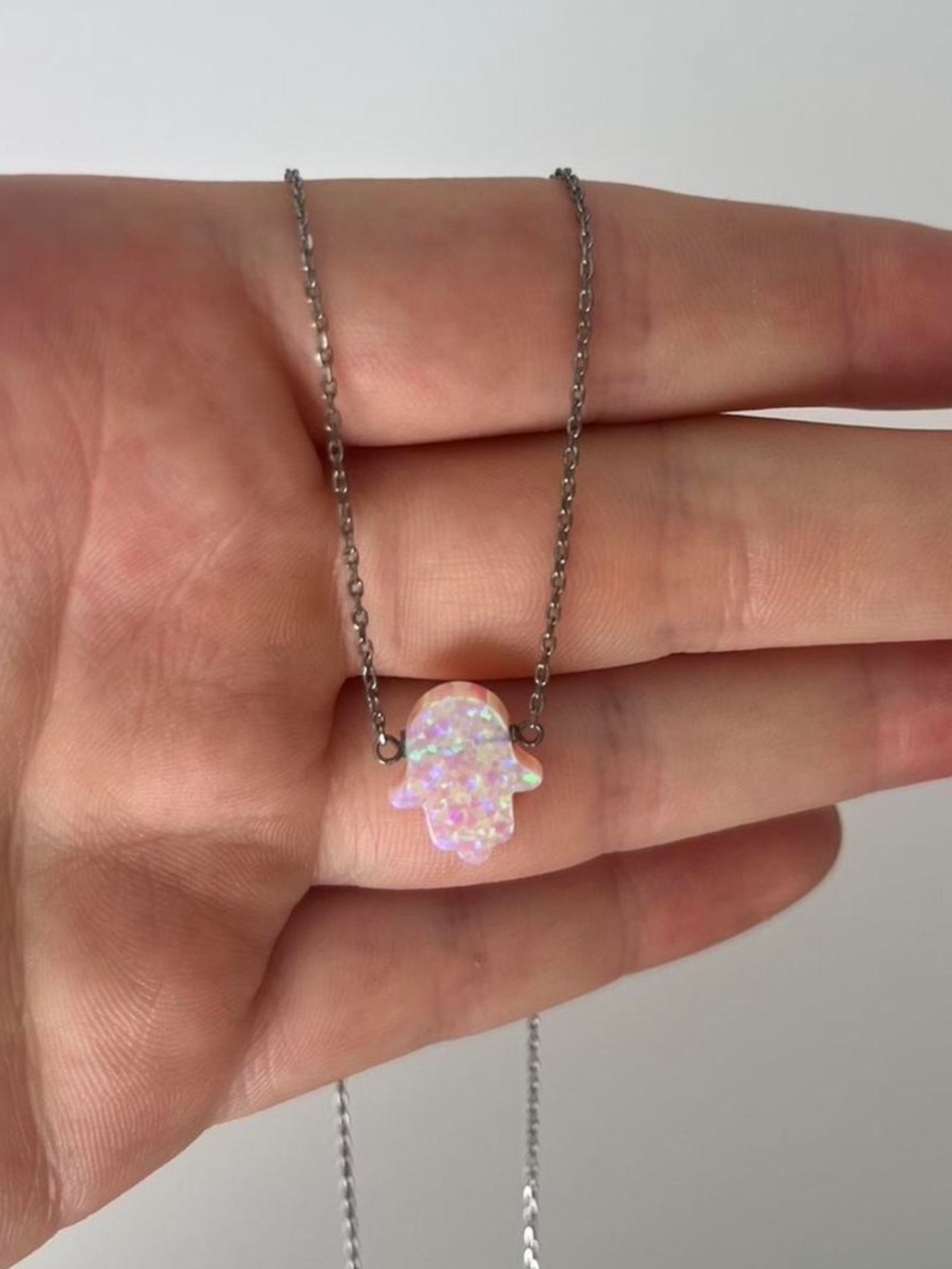 Iridescent Pink Opal Hamsa Necklace - Delicate Silver Chain
